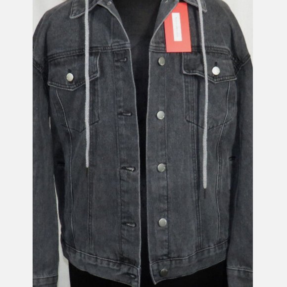 Men's Detachable Hood Layered Look Gray Denim Jean Jacket Size Medium - Picture 9 of 12